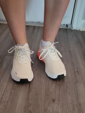 Light Cream Lace-Up Women's Athletic Sneakers with Coral Accent